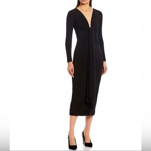 Gianni Bini Black Long-Sleeve Midi Dress with Draped Front Tie